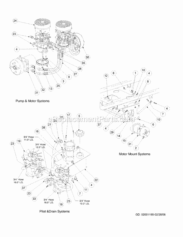 Hydro Hose And Pump Assembly Diagram and Parts List for M48-KW 53AB5DBV750-23-HP-OHV Cub Cadet Lawn Tractor